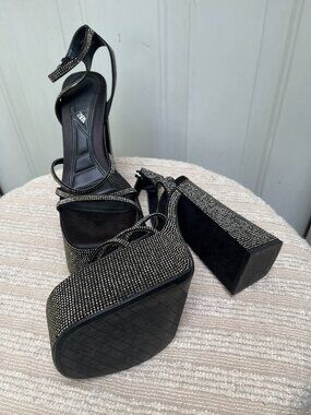 Zara Rhinestone Chunky High Heeled Platform Sandals Black & Silver Sz 41 10/10.5